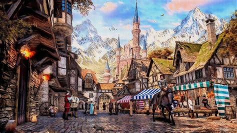 Download Awning House Market Mountain Town Artistic Painting HD Wallpaper