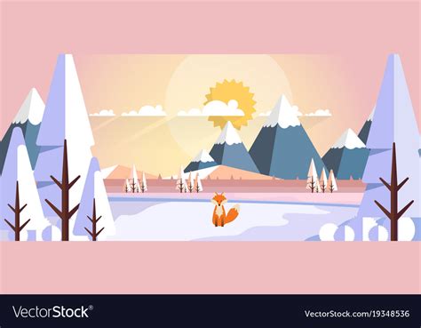 Winter landscape with fox in flat style Royalty Free Vector