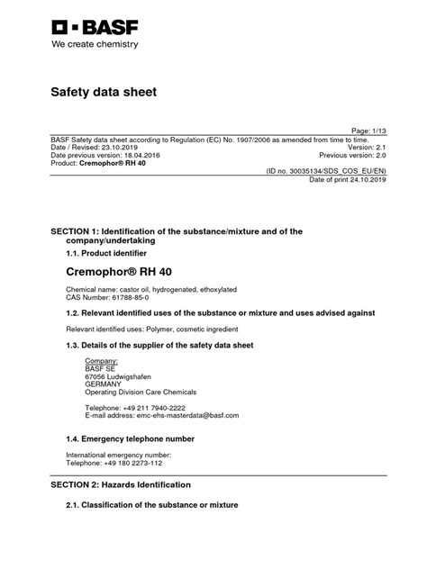 MSDS Cremophor RH40 | PDF | Dangerous Goods | Toxicity