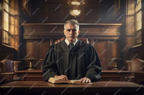 Serious judge sitting at the table in courtroom Law and justice concept ...