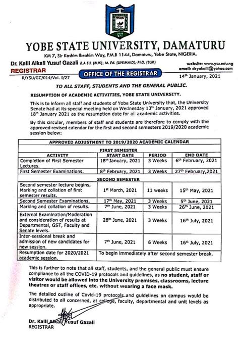 Resumption of Academic Activities - Approved Adjustment to 2019/2020 Academic Calendar - YOBE ...