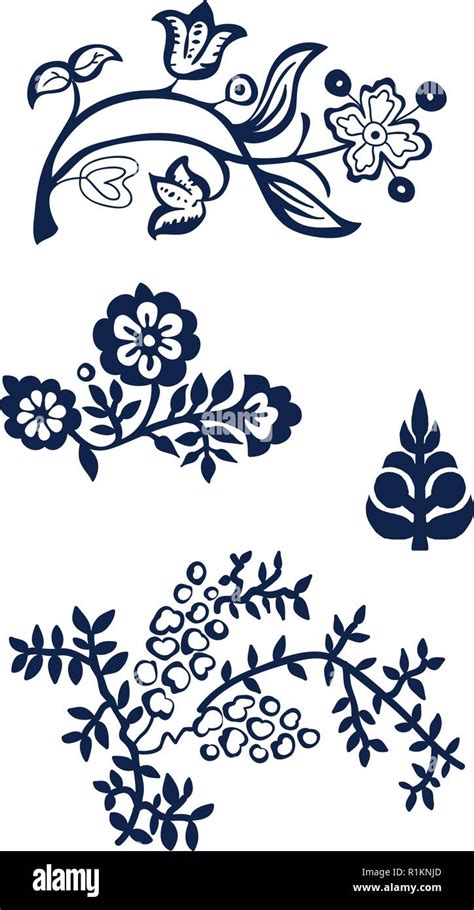 Set of 4 wood block printed floral elements. Traditional ethnic motifs of Russia, indigo blue on ...