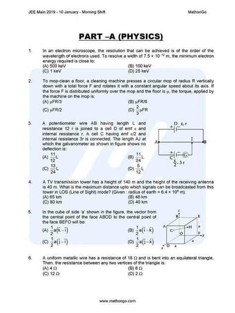 JEE Main 2019 Question Paper with Answer Keys (10th January – Morning) – MathonGo