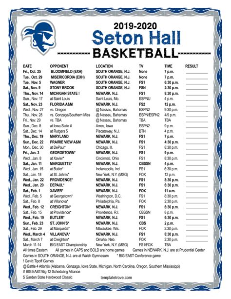 Printable 2019-2020 Seton Hall Pirates Basketball Schedule