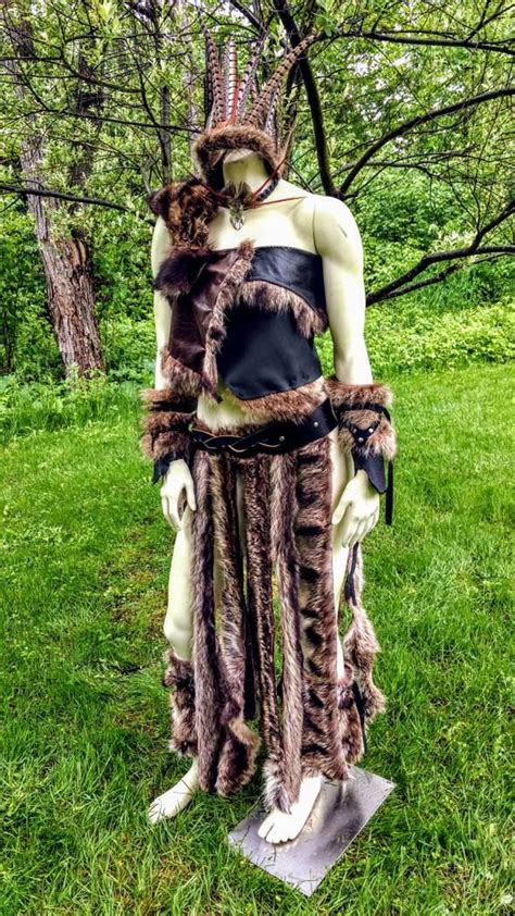 Barbarian Costume, 5 Piece, Viking, Fur, Leather, Savage, Tribal, Warrior, Feather Headdress ...