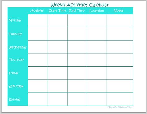 Weekly Activities Calendar - Free Printable | Calendar activities, Free ...