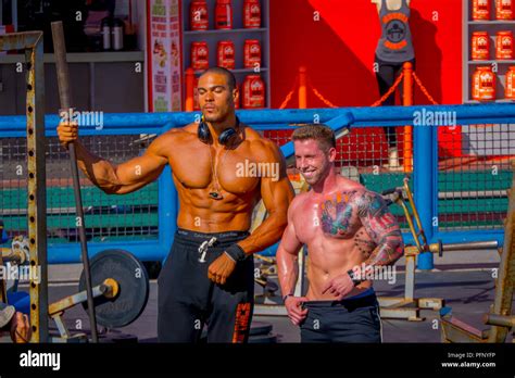 Los Angeles, California, USA, JUNE, 15, 2018: Outdoor view of unidentified body builder at ...