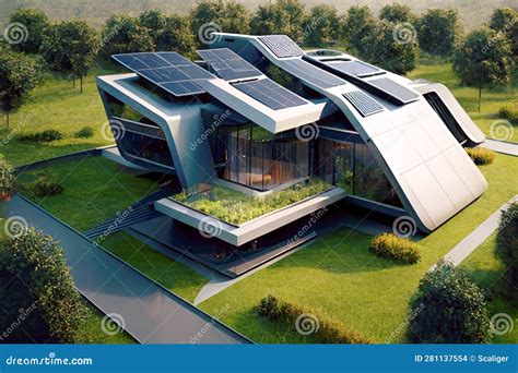 Futuristic House with Solar Panels on Roof, Modern Home in Green Forest ...