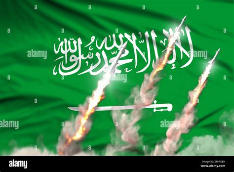 Modern strategic rocket forces concept on flag fabric background, Saudi Arabia nuclear missile ...
