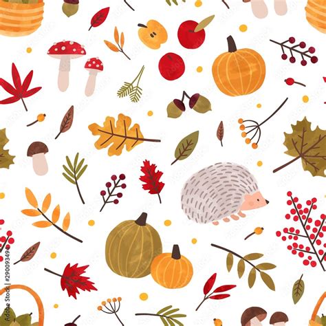 Autumn hand drawn vector seamless pattern. Fall season items background. Forest dried leaves ...