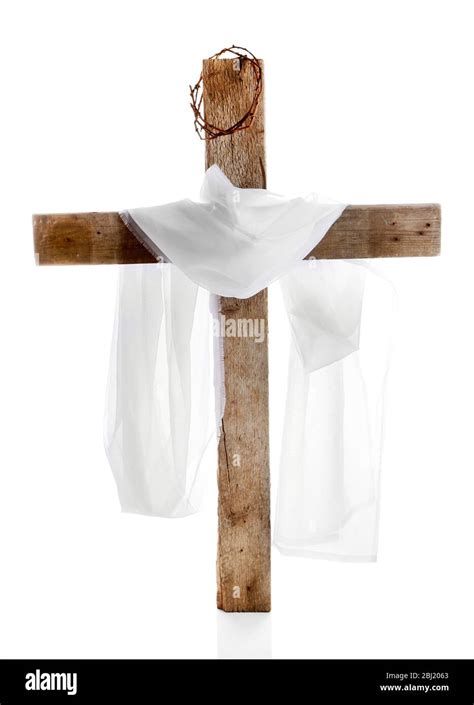 Cross with crown of thorns and cloth, isolated on white Stock Photo - Alamy