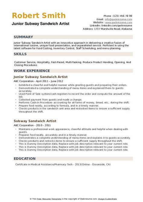 Subway Sandwich Artist Resume - ARTISTS IOP