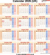 Calendar 2026 UK with bank holidays & Excel/PDF/Word templates