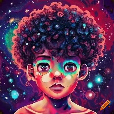 Whimsical space art of a melancholic mixed boy with curly hair on Craiyon