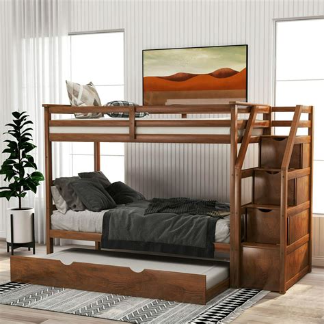 Hardwood Twin-Over-Twin Bunk Bed with Twin Size Trundle, 3 Storage Stairs and Full-length ...