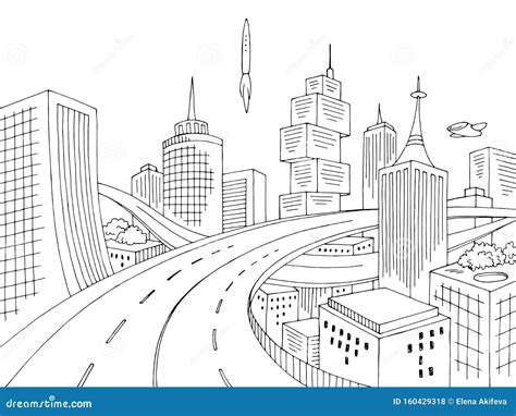 City of the Future Graphic Black White Cityscape Skyline Sketch ...