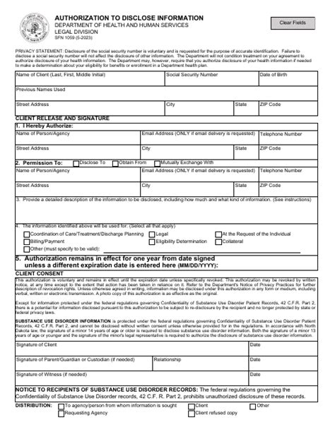 Form SFN1059 Download Fillable PDF or Fill Online Authorization to Disclose Information, North ...