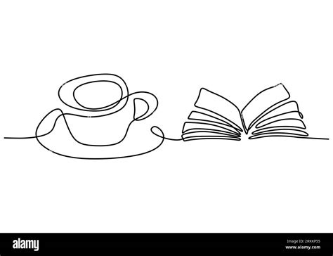 Single continuous line drawing of an open book beside a cup of coffee at work desk. Opened page ...