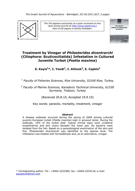 (PDF) Treatment by Vinegar of Philasterides dicentrarchi (Ciliophora: Scuticociliatida ...