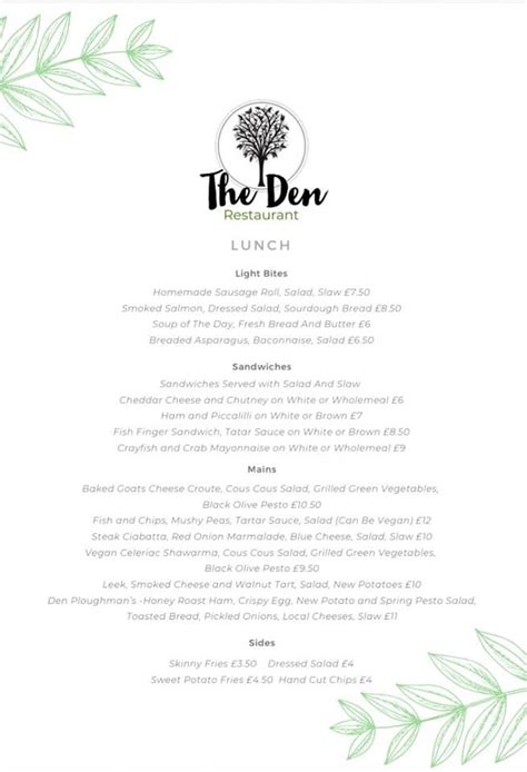 Menu at The Den Restaurant, Hereford, 16 Bridge St