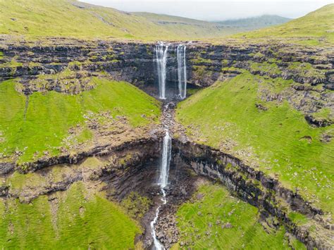 Aerial view of breathtaking Fossá waterfall, Faroe Island. stock photo