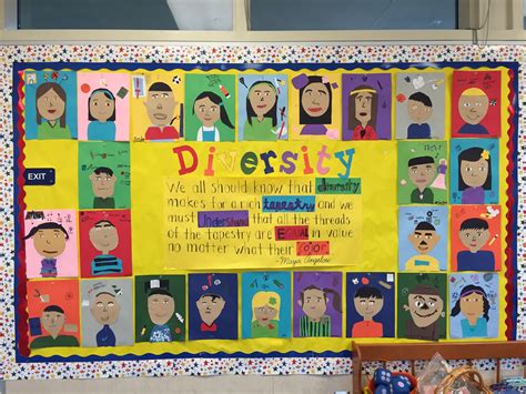 Diversity bulletin board with quote from Maya Angelou including self-portrait… More ...