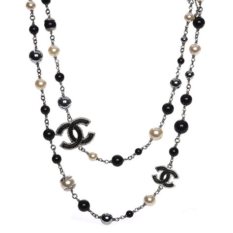 CHANEL Pearl Bead Enamel CC Long Necklace Black Silver 215415