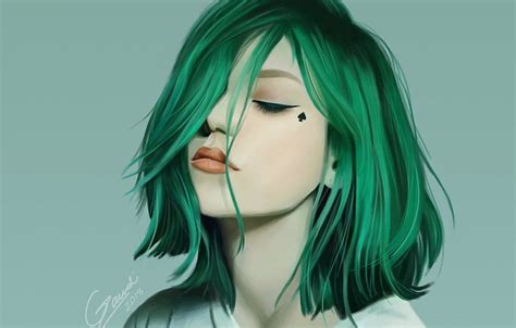 Face, haircut, green hair, bangs, closed eyes, portrait of a girl for , section арт HD wallpaper ...