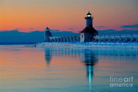 St. Joseph North Pier Lights at Sunset Photograph by Larry Knupp | Fine ...