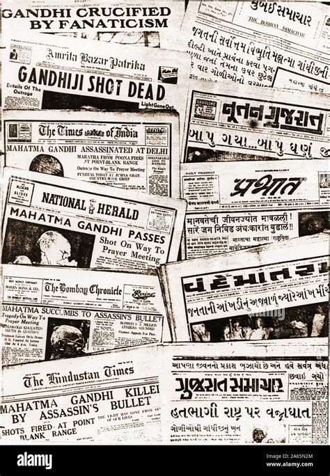 Collage of newspapers reporting Mahatma Gandhi assassination, India, Asia, January 31, 1948 ...