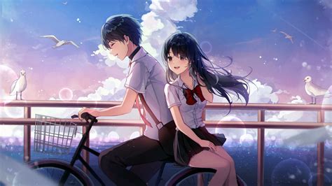 Beautiful Anime Couple With Uniform Pigeon Birds White Clouds Blue Sky Background 4K HD Anime ...