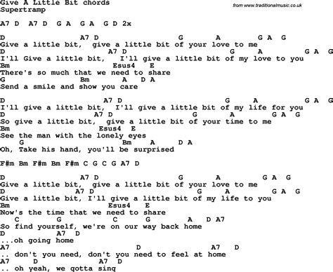 Song lyrics with guitar chords for Give A Little Bit