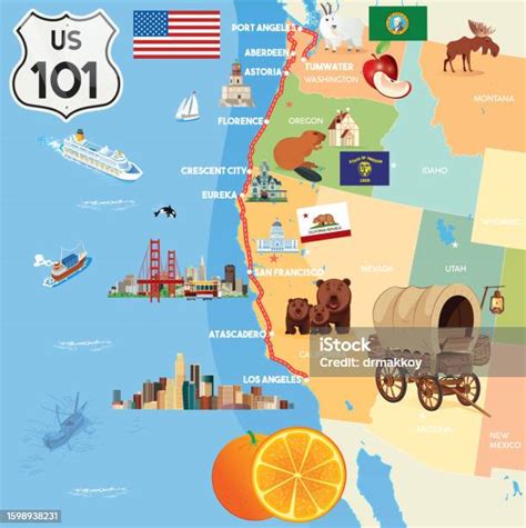 Usa Map Highway 101 Us Route Map Poster Stock Illustration - Download ...