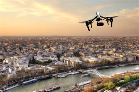 Drone Flying Above Paris City Panorama Stock Photo - Image of robot ...