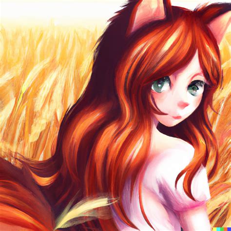 A cute fox girl with long red-haired hair inside a wheat field : r/dalle2