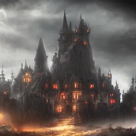 a fantasy castle enshrouded by everlasting darkness, | Stable Diffusion