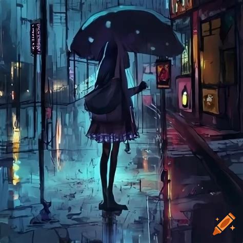 Artistic depiction of a sad girl in rainy tokyo on Craiyon