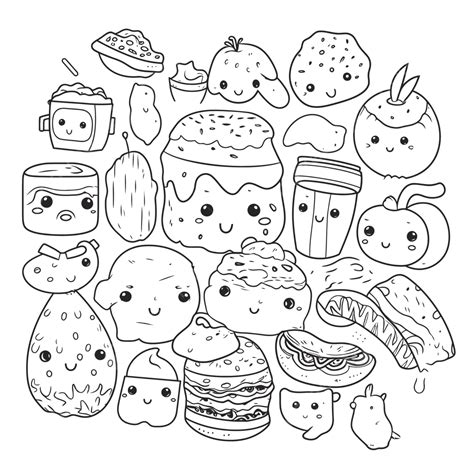 Kawaii Character Food Coloring Pages Free Coloring Book Illustrations For Kids Outline Sketch ...