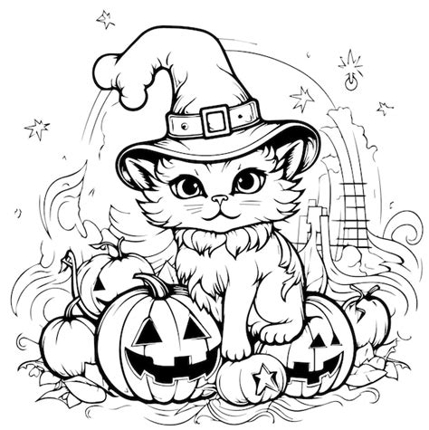 Premium Vector | Halloween cat coloring page