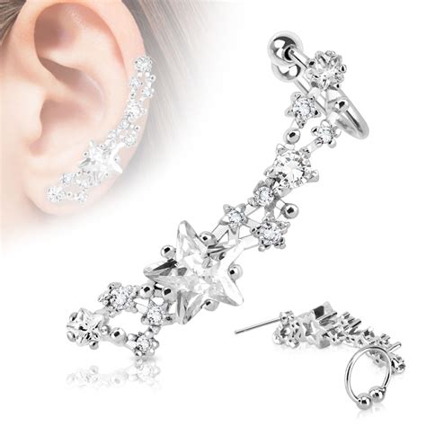 Rhodium Plated Dangle Earring Cuff Cartilage LEFT ear lobe Star Clear 20G