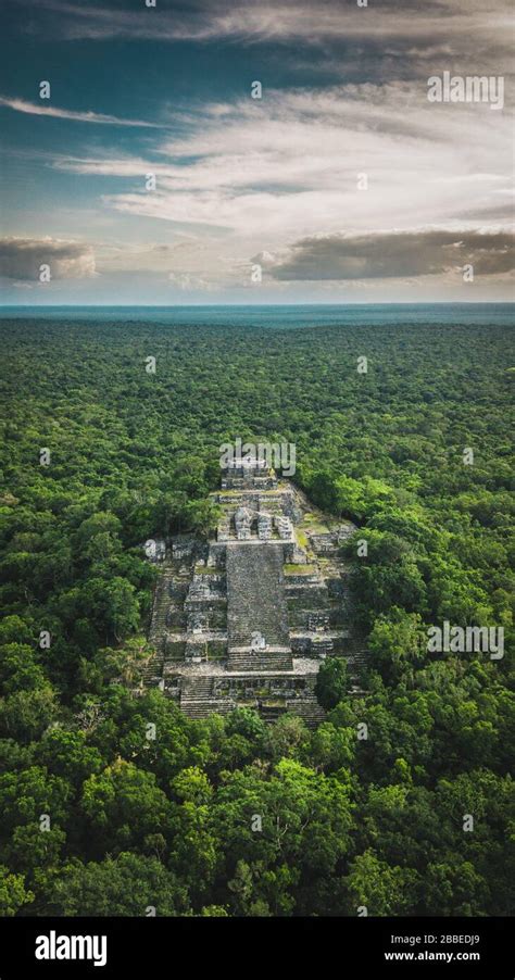 Aerial view of the pyramid, Calakmul, Campeche, Mexico. Ruins of the ancient Mayan city of ...