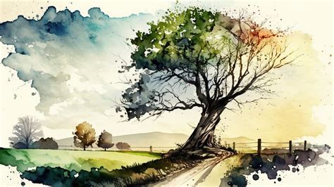 Landscape Watercolor Tree Grass Background, Landscape, Grass, Tree ...