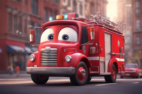 Premium Photo | Red fire truck with eyes 3d animation pixar style disney style happy in city ...