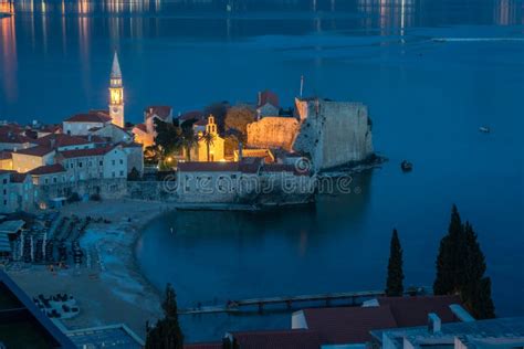 Aerial View Of The Old Town Budva At Night Stock Photo - Image of ...