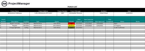 Project Management Punch List Template