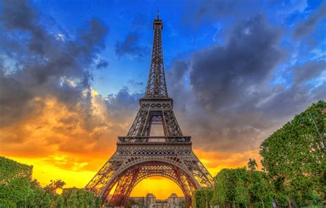 Wallpaper the sky, trees, sunset, France, Paris, Eiffel tower, Paris, architecture, France ...
