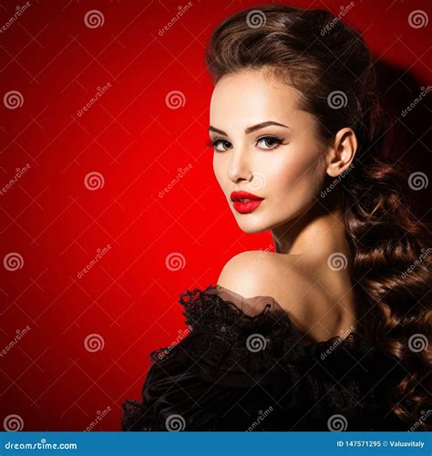Beautiful Face of an Young Woman in Black Dress with Red Lipstick Stock Image - Image of ...