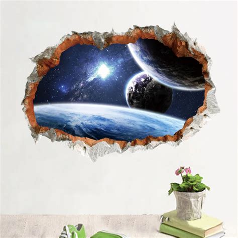 3D Broken Wall Decor Universe Planet Wall Stickers for Kids Rooms Home Decor DIY Outer Space ...