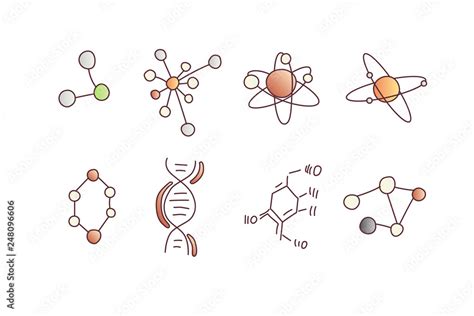 Cute cartoon molecule and atom icon set. Atomic and molecular illustration. Structure of ...