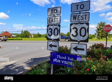 Lancaster, PA, USA - May 23, 2018: Directional signs to US Route 30 ...